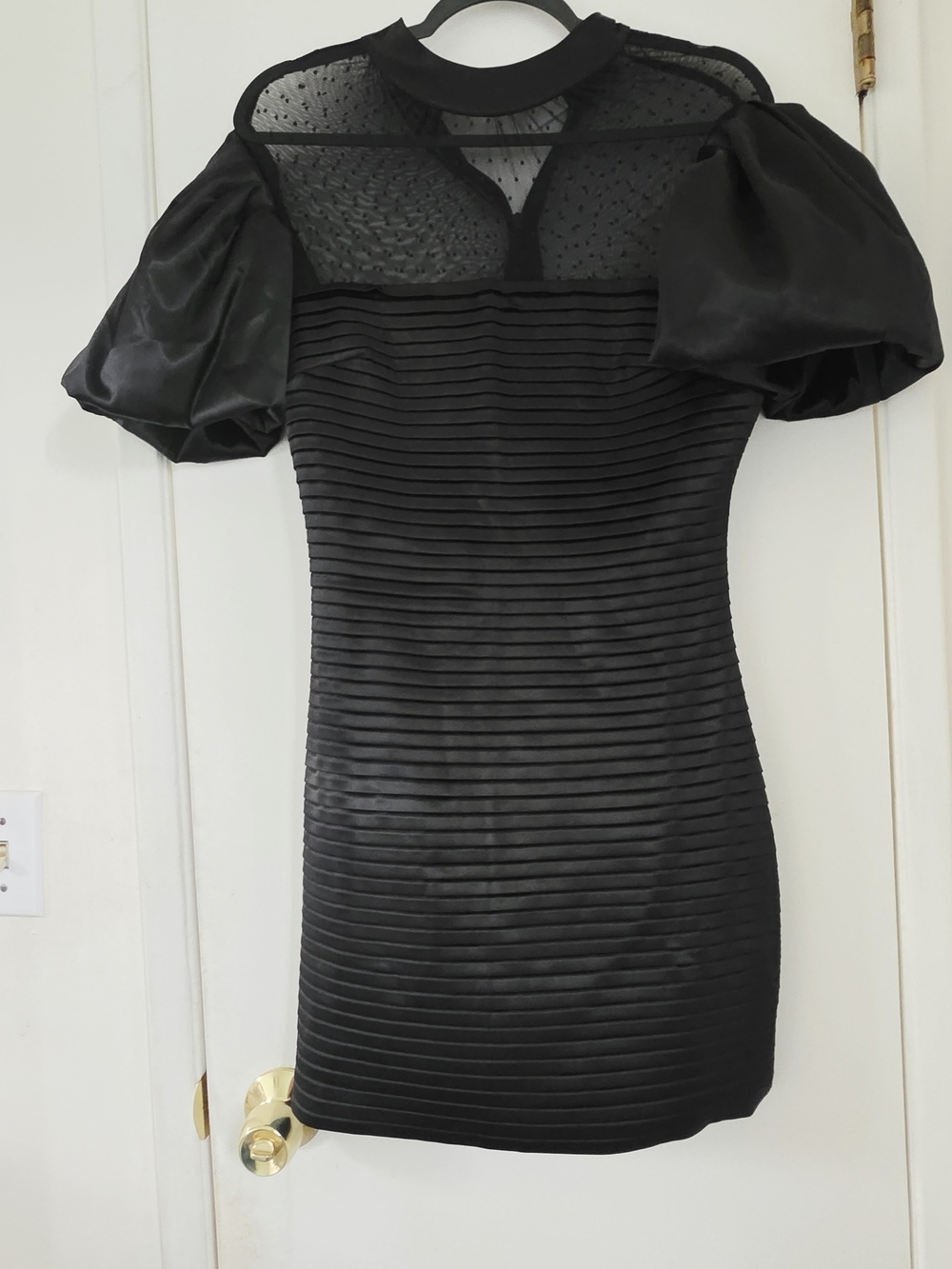 Fashion Nova Angelina Puff Sleeve Mini Dress Mesh Neck Pleated Black Size S
